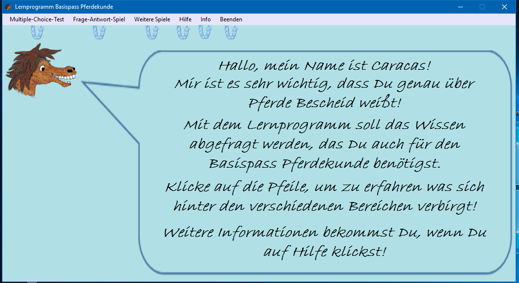 Screenshot des Lernprogramms zur Vorbereitung auf den Basispass Pferdekunde