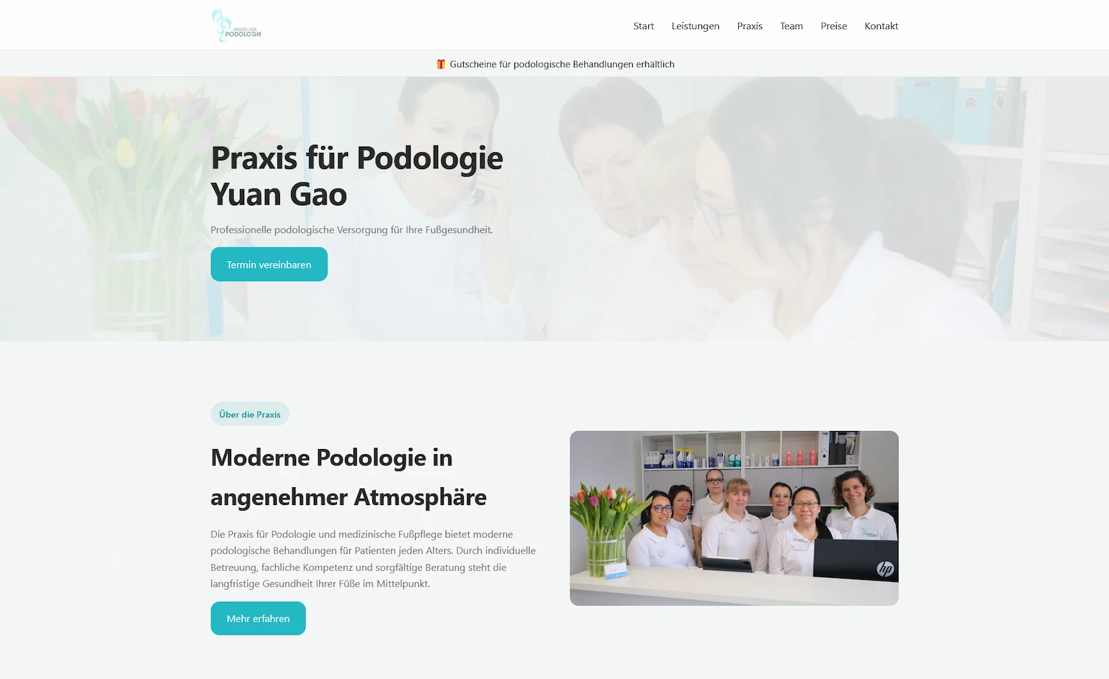 Screenshot der Website für die Praxis für Podologie Yuan Gao